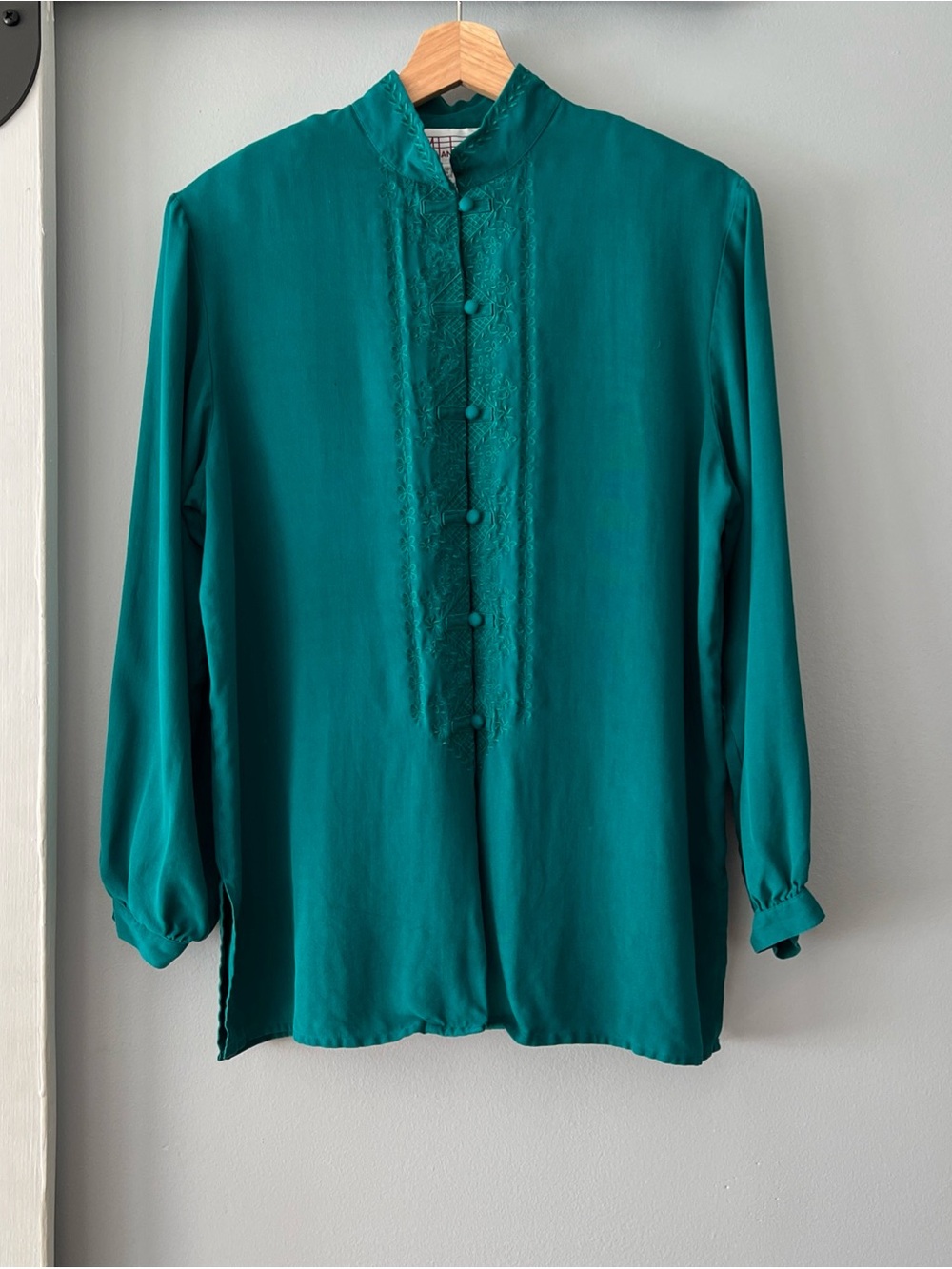 VTG Milano Design Group Mandarin Collar Embroidered Front Silk Teal Green Blouse